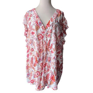 CYNTHIA ROWLEY Floral Sleeveless Blouse 3X Ruffle V-neck Plus Size Top